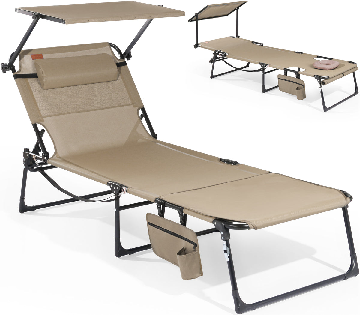 Sonnenliege klappbar mit Gesichtsaussparung – verstellbare Garten- und Campingliege bis 180 kg belastbar, beige
