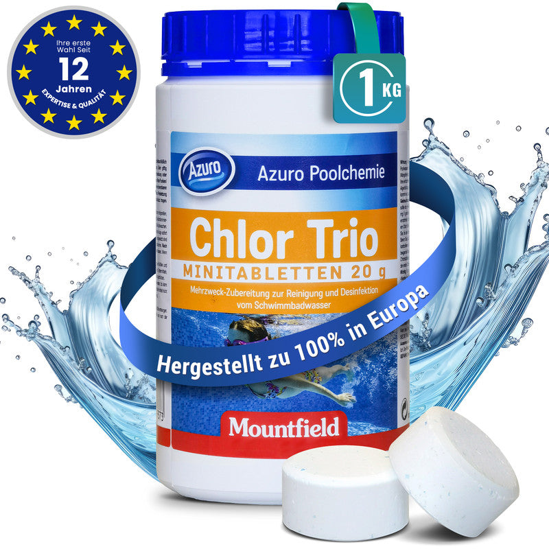 Azuro Chlor Trio Mini Chlortabletten 1 kg – 20 g Pooltabletten zur Desinfektion, Algenverhütung & Wasserklärung für kleine Pools & Whirlpools