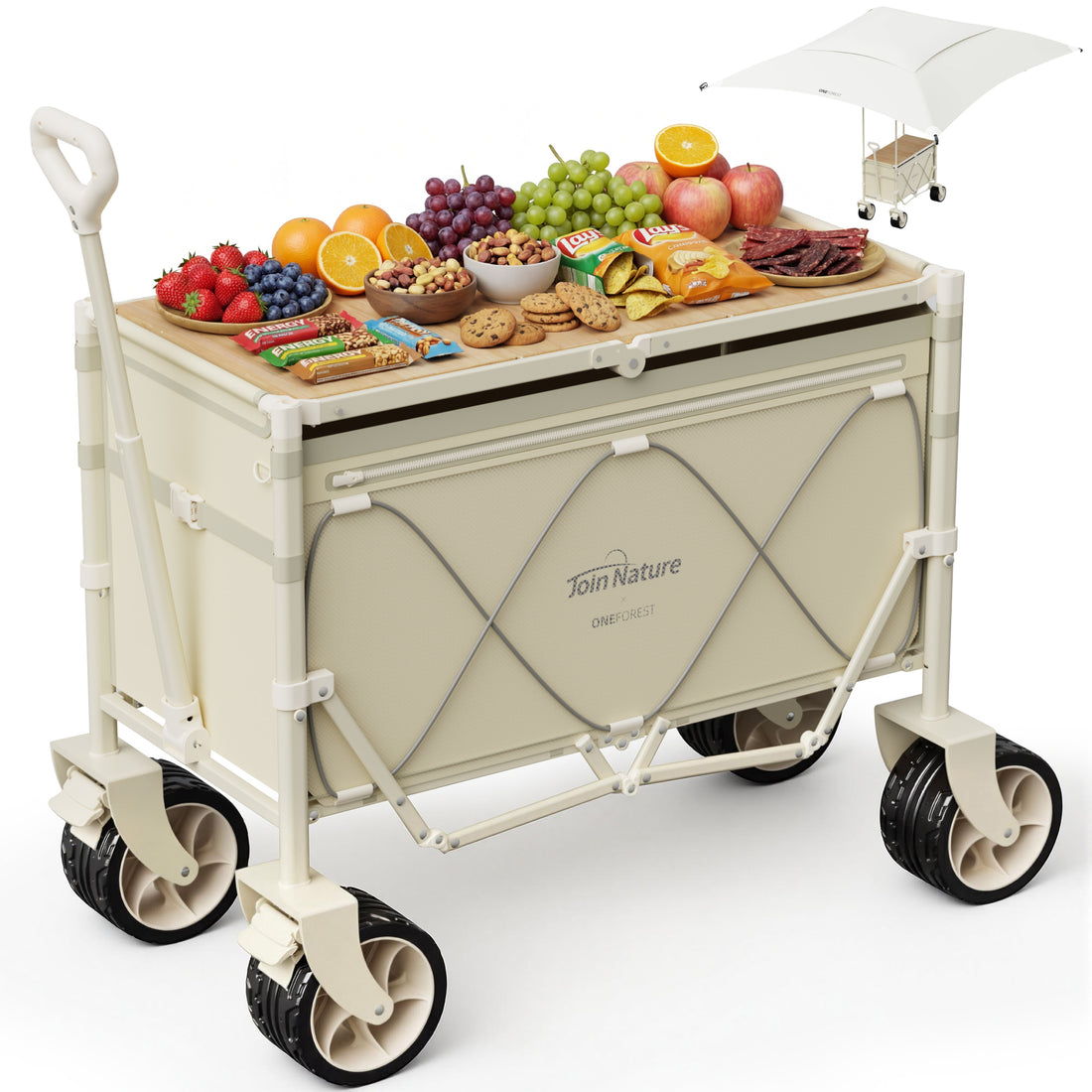 Klappbarer Bollerwagen mit Dach und Tischfunktion – faltbarer Transportwagen für Camping, Strand und Garten