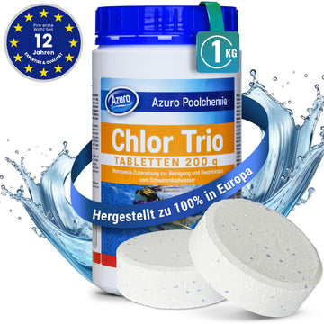 Azuro Chlor Trio Chlortabletten 1 kg – 200 g Langzeit Poolchlor zur Desinfektion, Algenverhütung & Wasserklärung