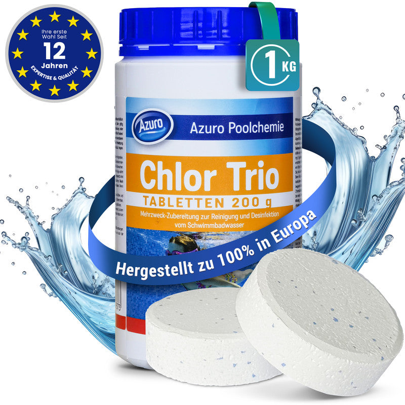 Azuro Chlor Trio Chlortabletten 1 kg – 200 g Langzeit Poolchlor zur Desinfektion, Algenverhütung & Wasserklärung
