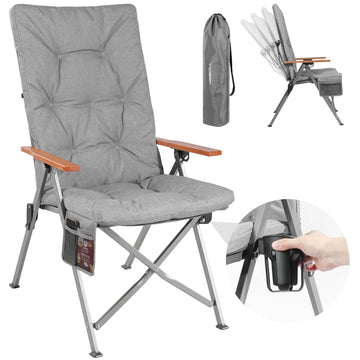 Campingstuhl klappbar mit Holzarmlehnen extra hoch – gepolsterter Outdoor-Klappstuhl, 4-fach verstellbar, bis 150 kg belastbar, Hellgrau