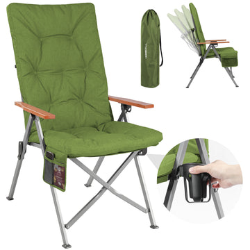 Campingstuhl klappbar mit Holzarmlehnen Extra hoch – gepolsterter Outdoor-Klappstuhl, 4-fach verstellbar, bis 150 kg belastbar, Grün