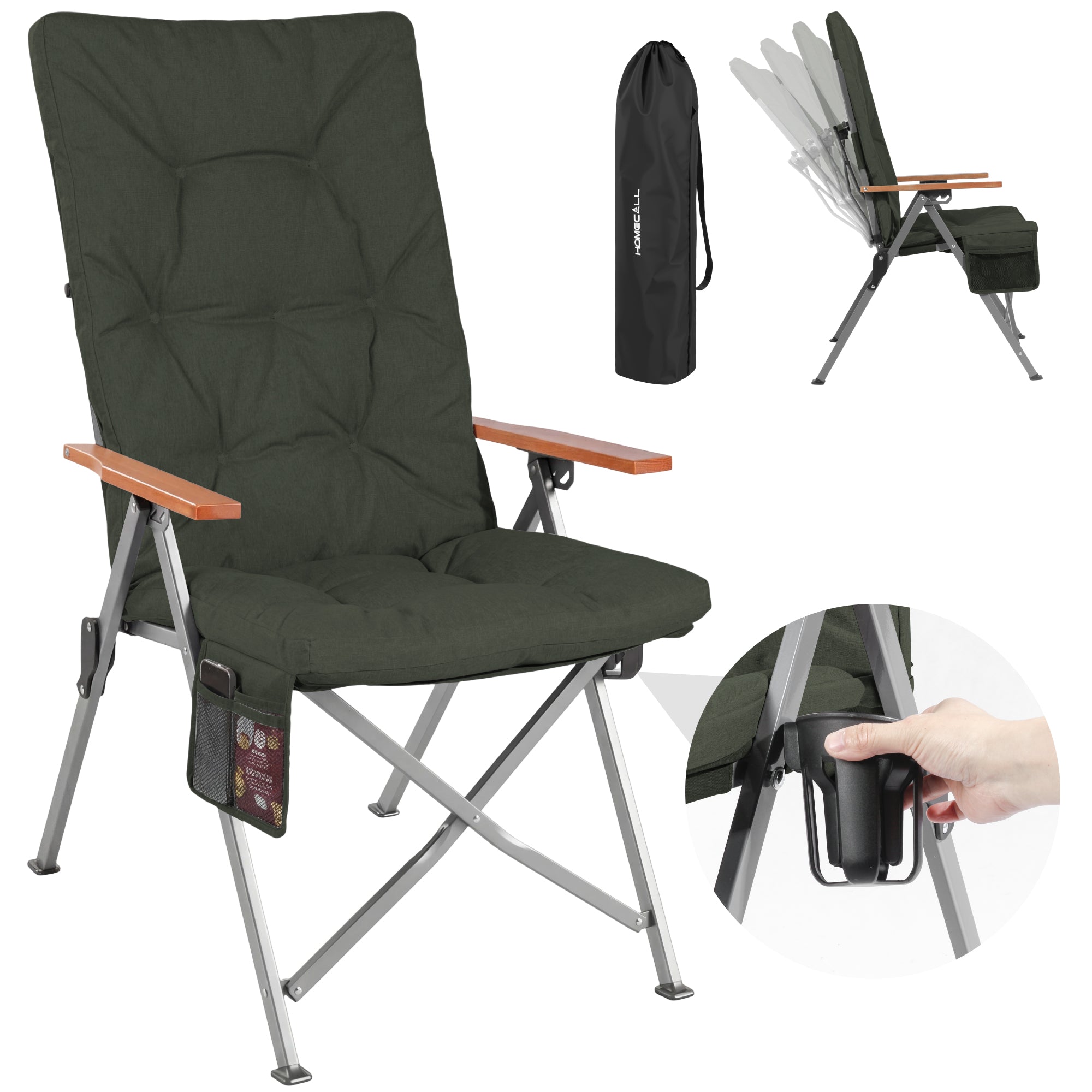 Campingstuhl klappbar mit Holzarmlehnen extra hoch – gepolsterter Outdoor-Klappstuhl, 4-fach verstellbar, bis 150 kg belastbar, Dunkelgrau