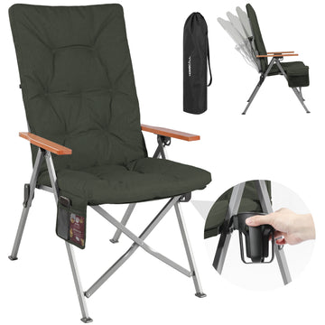 Campingstuhl klappbar mit Holzarmlehnen extra hoch – gepolsterter Outdoor-Klappstuhl, 4-fach verstellbar, bis 150 kg belastbar, Dunkelgrau