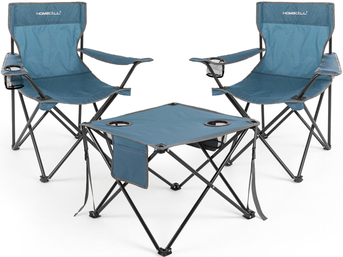 Campingmöbel-Set faltbar – 2 Campingstühle und 1 Campingtisch, leicht und kompakt, mit Getränkehaltern und Seitentaschen, bis 120 kg belastbar, blau