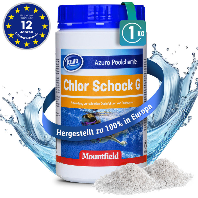 Azuro Chlor Schock G Chlorgranulat 1 kg – Schnelllösliches Poolchlor zur Stoßchlorung gegen Algen, Bakterien & trübes Wasser