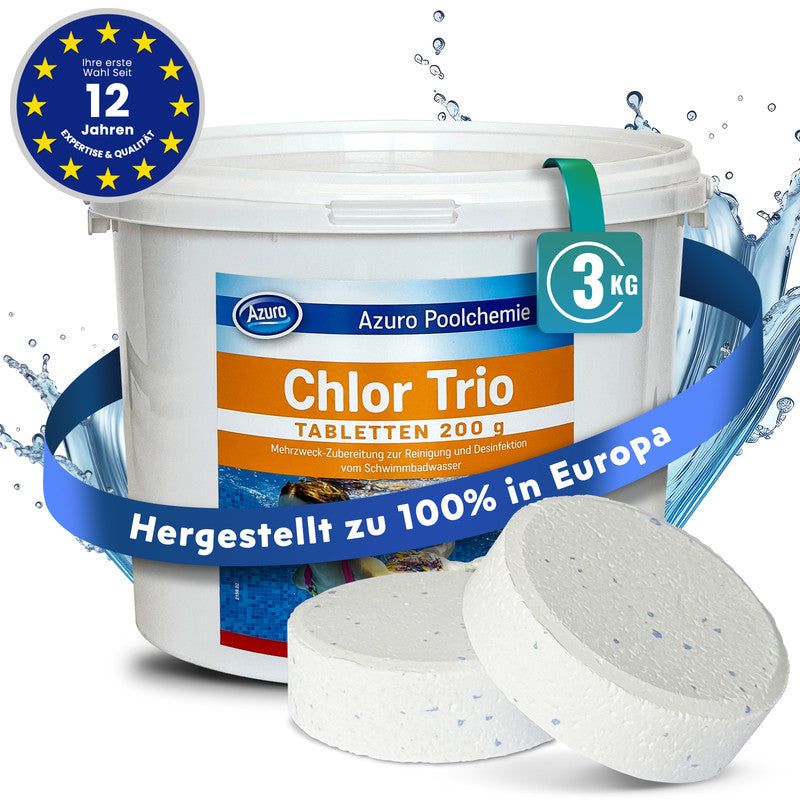 Azuro Chlor Trio Chlortabletten 3 kg – 200 g Langzeit Chlor Tabs für Pool & Whirlpool, Desinfektion, Algenverhütung & Flockung