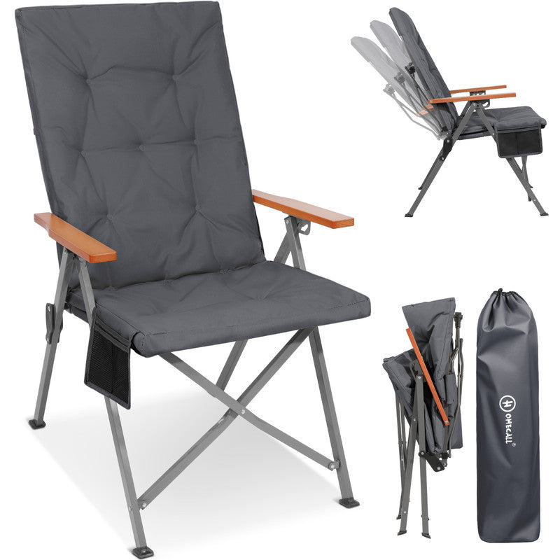 HOMECALL Campingstuhl faltbar Hochlehner – gepolsterter Klappstuhl mit Holzarmlehnen, 3-fach verstellbar bis 150 kg belastbar  | B-Ware