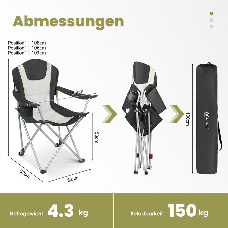 Campingstuhl klappbar – Gepolsterter Angelstuhl mit 3-fach verstellbarer Rückenlehne, Getränkehalter und Tragetasche, bis 150 kg belastbar