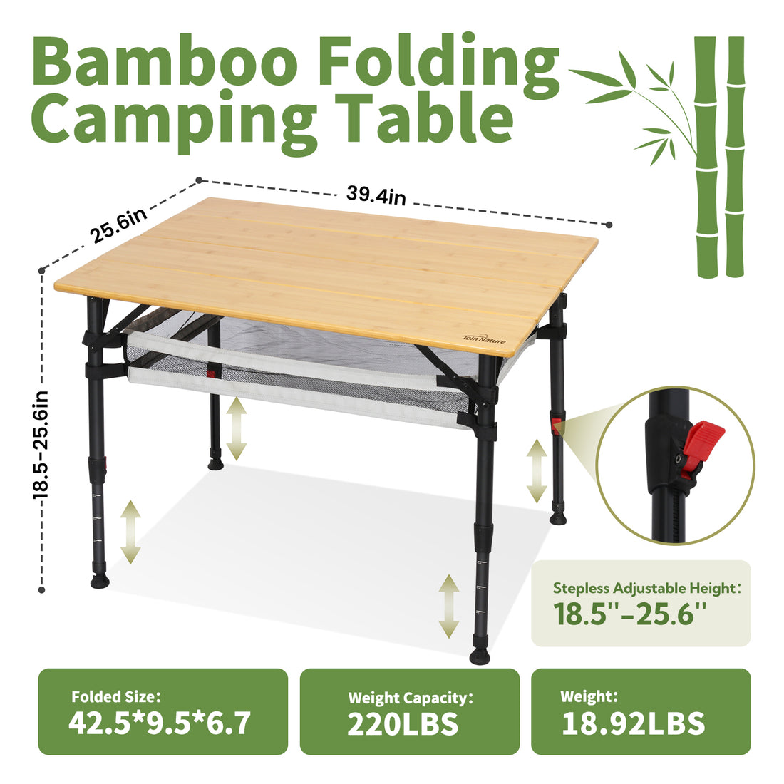 Campingtisch klappbar mit Bambus-Tischplatte – höhenverstellbarer Outdoor-Tisch mit verstellbaren Beinen und Aufbewahrungsnetz, 100 x 65 cm