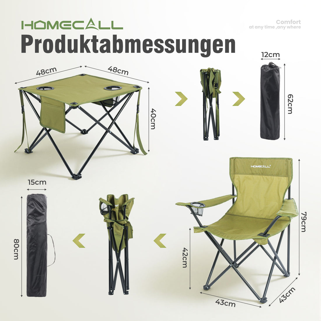 Campingmöbel-Set faltbar 2 klappbare Campingstühle und 1 kompakter Campingtisch, leicht, stabil, bis 120 kg belastbar, grün