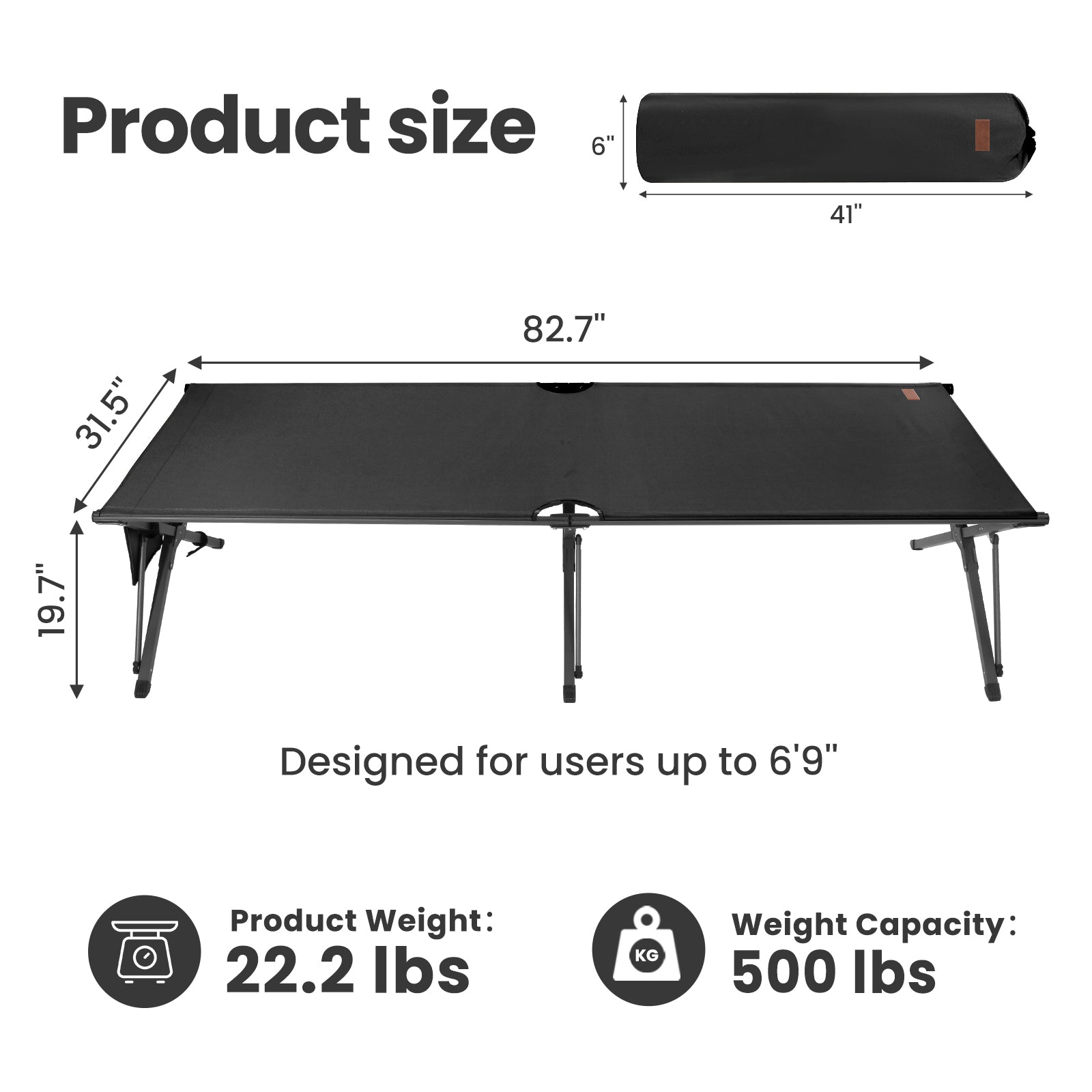 HOMECALL XXL Campingbett klappbar – stabiles Feldbett bis 200 kg, faltbares Outdoor- und Gästebett mit Tragetasche, schwarz