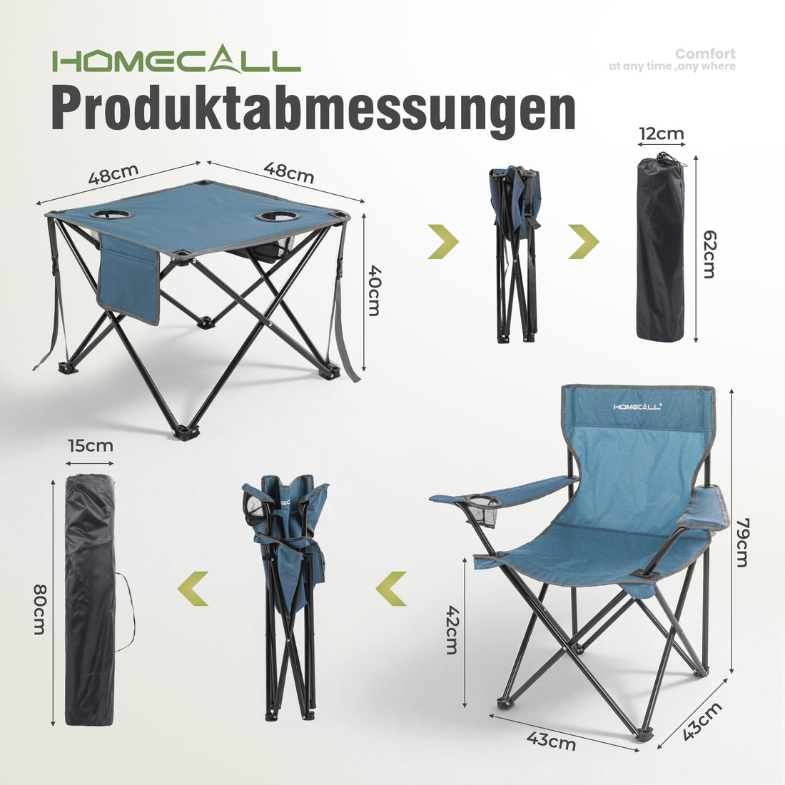 Campingmöbel-Set faltbar – 2 Campingstühle und 1 Campingtisch, leicht und kompakt, mit Getränkehaltern und Seitentaschen, bis 120 kg belastbar, blau