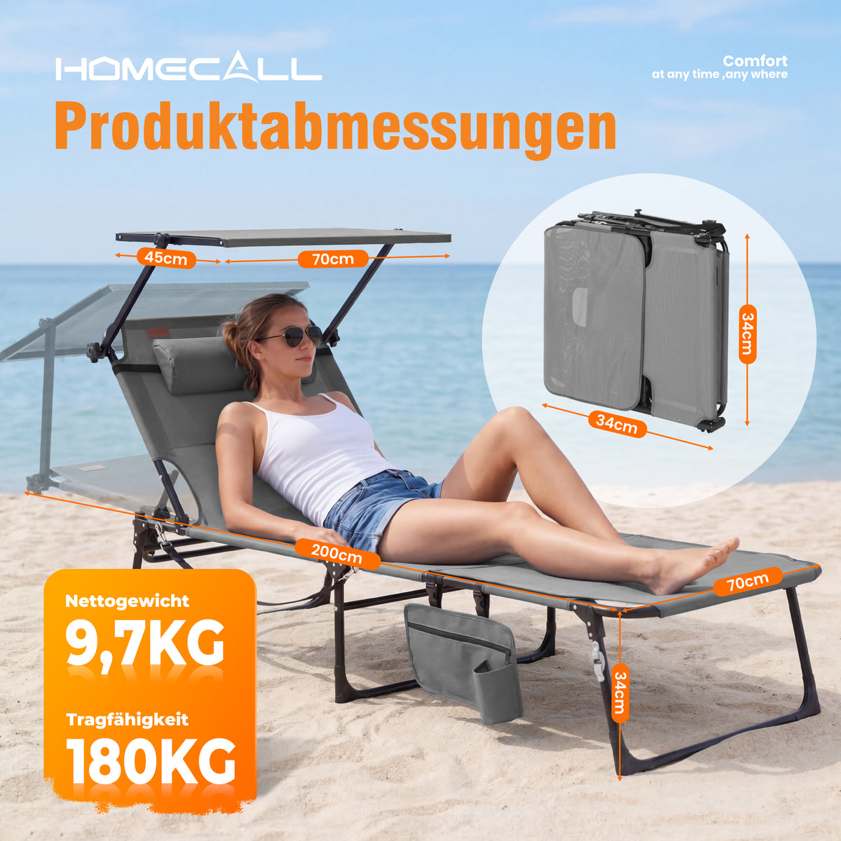 Sonnenliege klappbar mit Gesichtsaussparung – verstellbare Garten- und Campingliege bis 180 kg belastbar, hellgrau