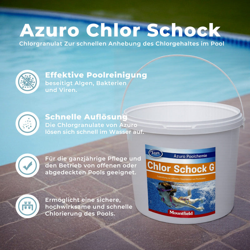 Azuro Chlor Schock G Chlorgranulat 5 kg – Stoßchlorung für Pool, schnelllösliches Chlor zur Desinfektion, gegen Algen, Bakterien & trübes Wasser