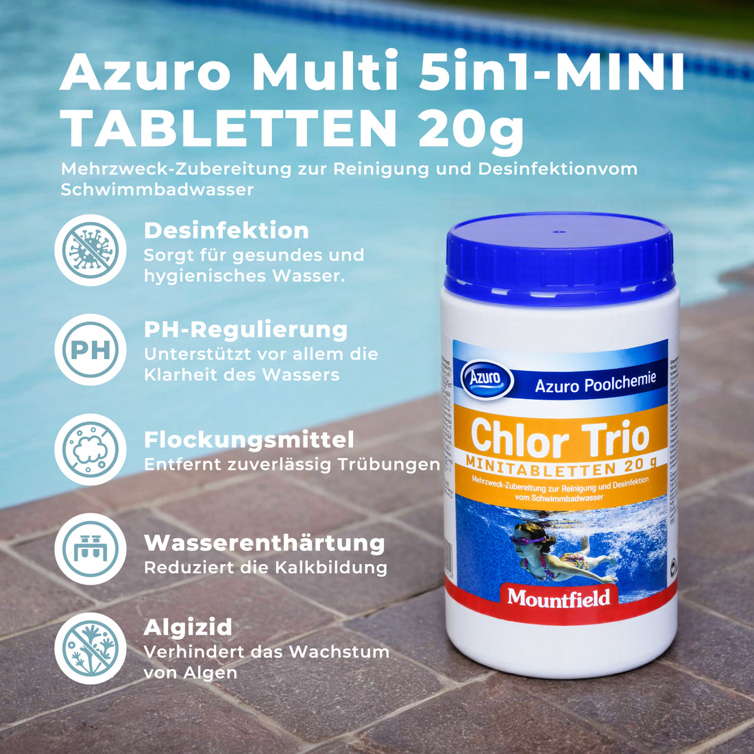 AZURO Chlor Trio Minitabletten 1 kg – Pool & Whirlpool Chlortabletten für kleine Pools, Desinfektion & Algenstopp | Sonderposten B-Ware