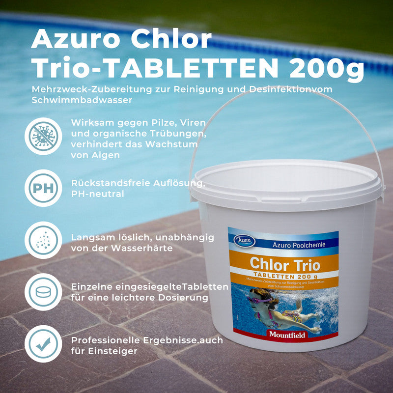 Azuro Chlor Trio Chlortabletten 5 kg – Pool Chlor Tabs 200 g zur Langzeitdesinfektion, Algenkontrolle & Wasserklärung
