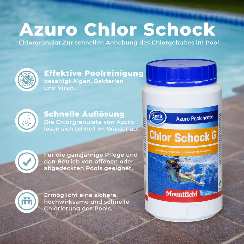 Azuro Chlor Schock G Chlorgranulat 1 kg – Schnelllösliches Poolchlor zur Stoßchlorung gegen Algen, Bakterien & trübes Wasser