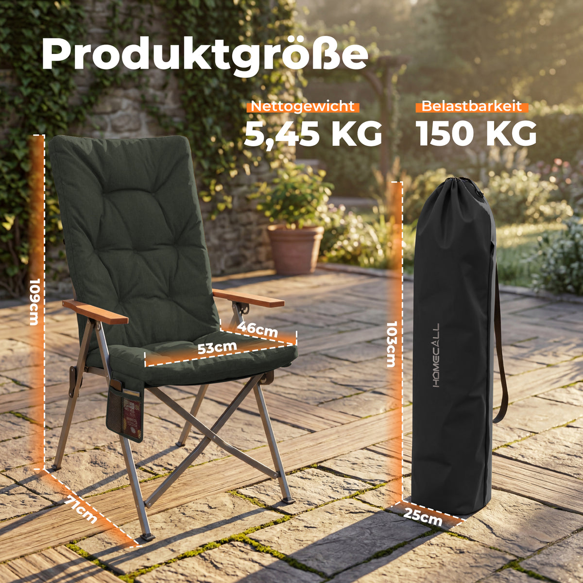 Campingstuhl klappbar mit Holzarmlehnen extra hoch – gepolsterter Outdoor-Klappstuhl, 4-fach verstellbar, bis 150 kg belastbar, Dunkelgrau