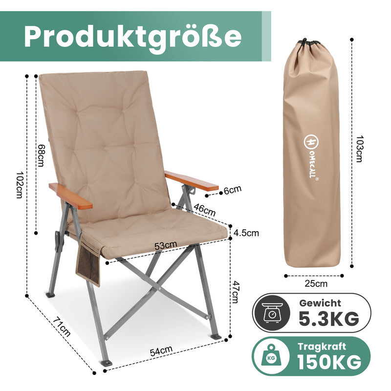 Campingstuhl faltbar Hochlehner – Gepolsterter Klappstuhl / Gartentuhl mit Holzarmlehnen bis 150 kg belastbar, beige