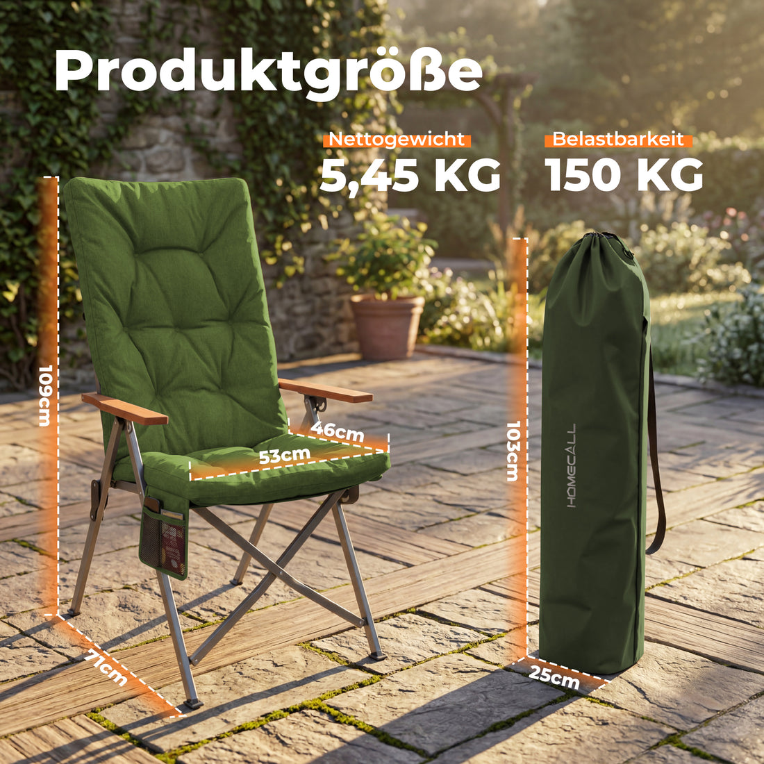 Campingstuhl klappbar mit Holzarmlehnen Extra hoch – gepolsterter Outdoor-Klappstuhl, 4-fach verstellbar, bis 150 kg belastbar, Grün