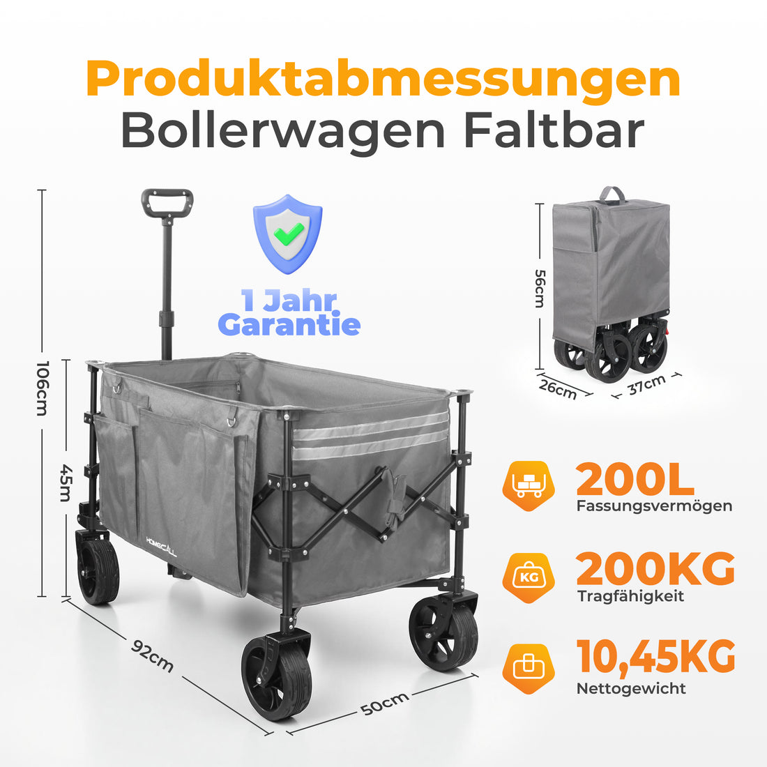 Faltbarer Bollerwagen Handwagen Strandwagen 200L XXL-Volumen mit praktischer Kühltasche, Grau