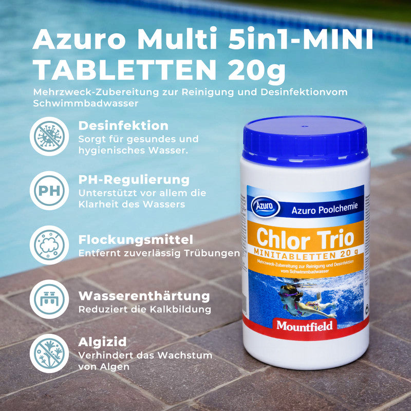 Azuro Chlor Trio Mini Chlortabletten 1 kg – 20 g Pooltabletten zur Desinfektion, Algenverhütung & Wasserklärung für kleine Pools & Whirlpools