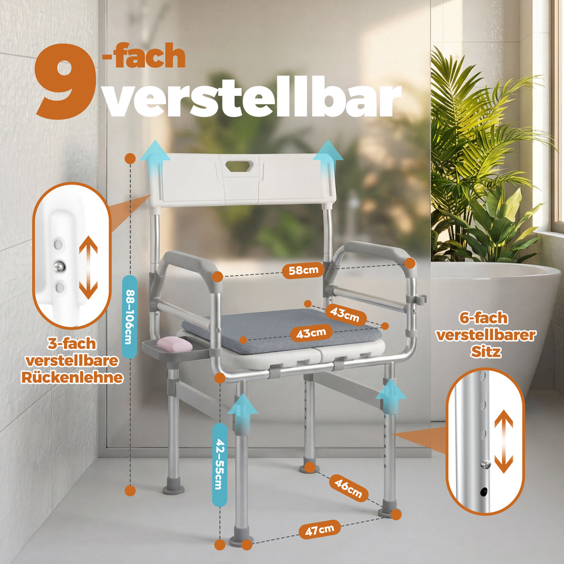 Faltbarer Duschstuhl bis 200 kg belastbar  – höhenverstellbarer Duschsitz mit Armlehnen, Rückenlehne, Kissen & Ablage
