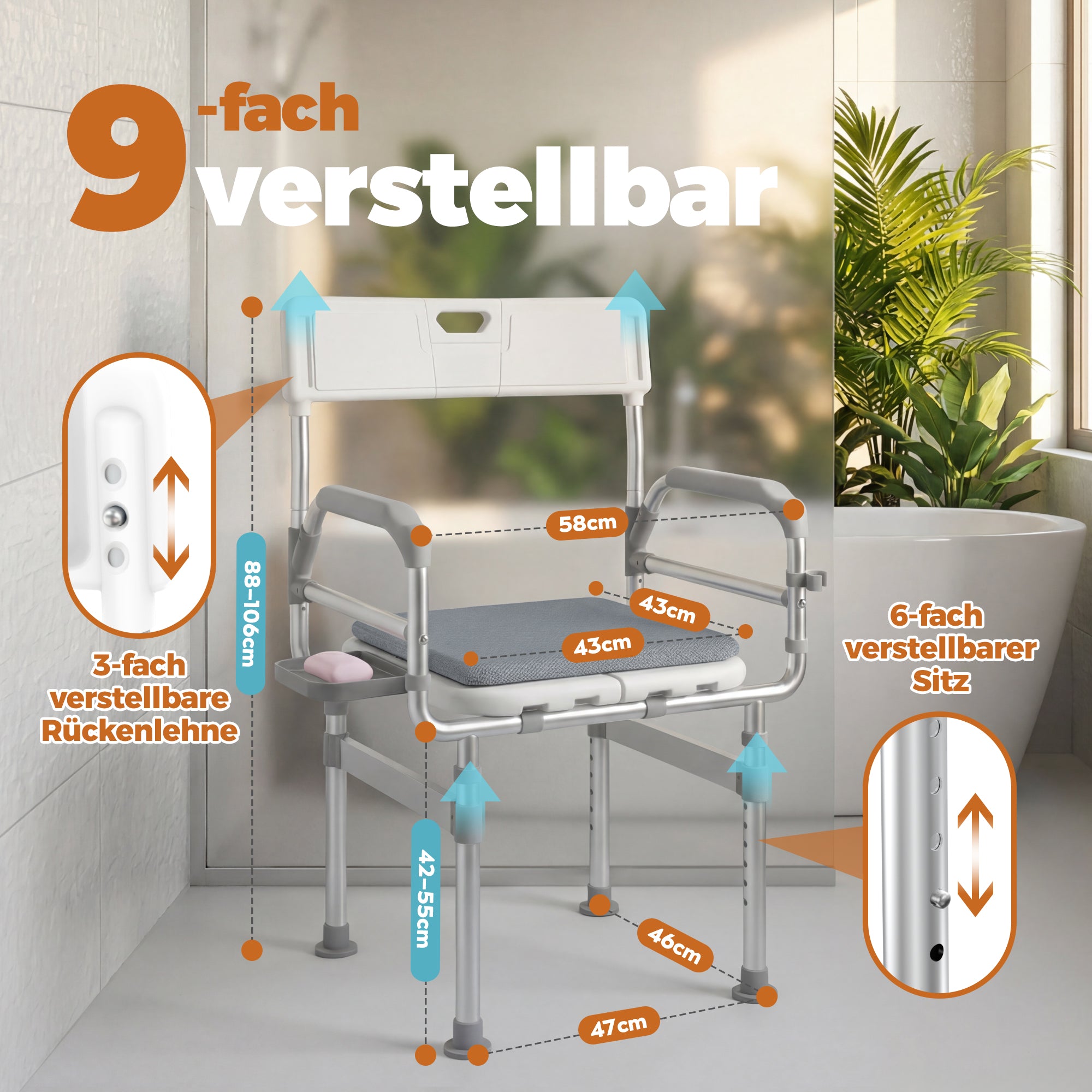Faltbarer Duschstuhl bis 200 kg belastbar  – höhenverstellbarer Duschsitz mit Armlehnen, Rückenlehne, Kissen & Ablage