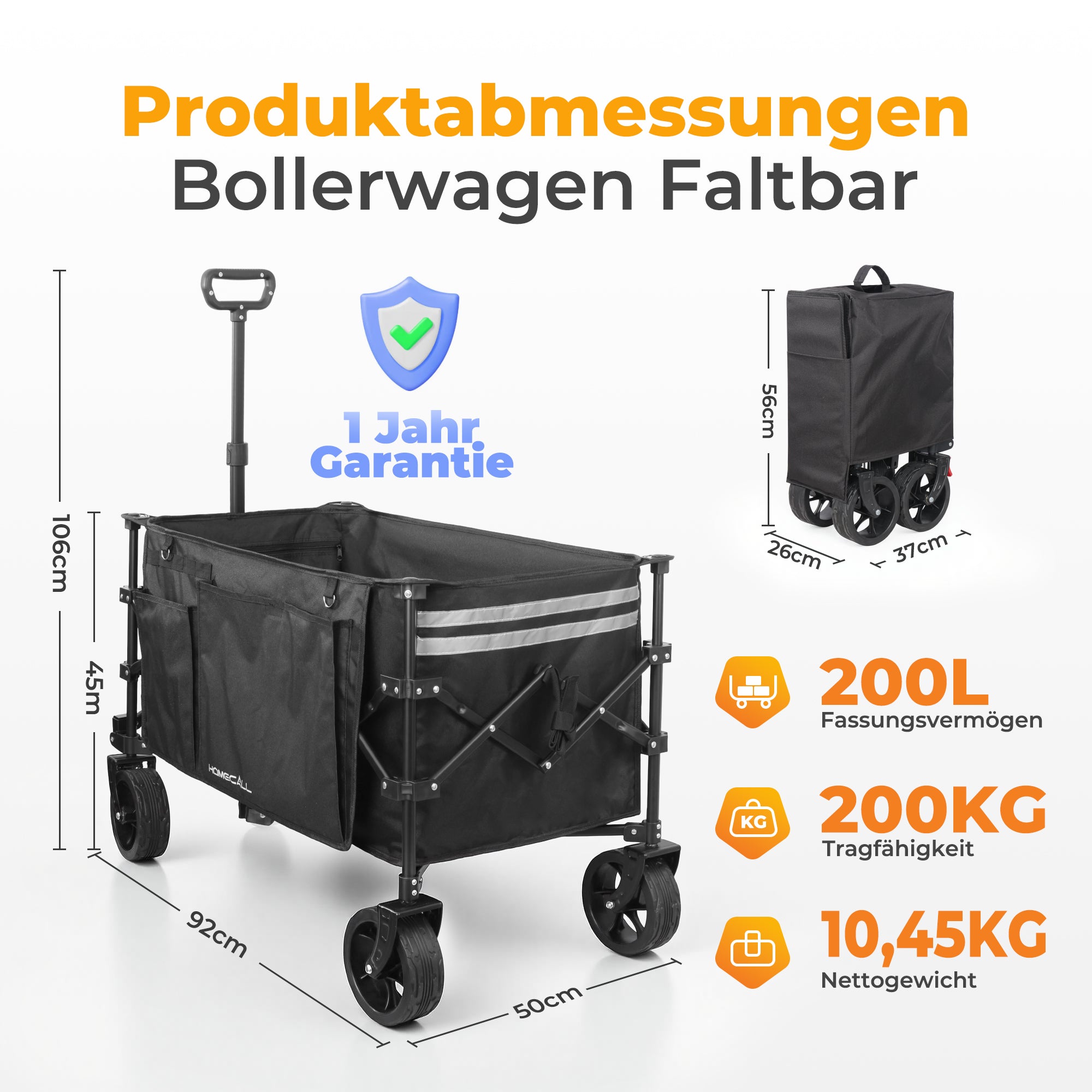 Faltbarer Bollerwagen Handwagen Strandwagen 200L XXL-Volumen mit praktischer Kühltasche, Schwarz