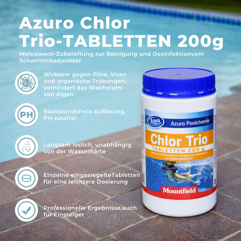 Azuro Chlor Trio Chlortabletten 1 kg – 200 g Langzeit Poolchlor zur Desinfektion, Algenverhütung & Wasserklärung