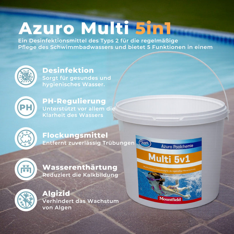 Azuro Multi 5v1 Chlortabletten 5 kg – Pool Multitabs 200 g, Langzeitdesinfektion, Algenstopp & Klareffekt