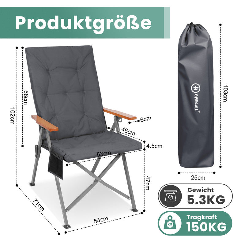HOMECALL Campingstuhl faltbar Hochlehner – gepolsterter Klappstuhl mit Holzarmlehnen, 3-fach verstellbar bis 150 kg belastbar  | B-Ware