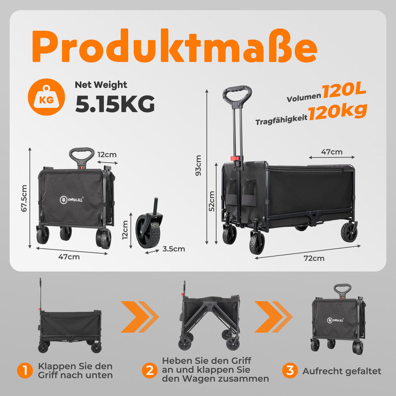 Faltbarer Bollerwagen 120 L – Klappbarer Handwagen Transportwagen bis 120 kg belastbar mit Regenabdeckung | Sonderposten B-Ware