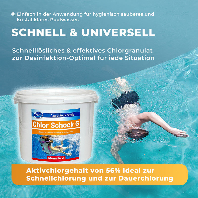 Azuro Chlor Schock G Chlorgranulat 5 kg – Stoßchlorung für Pool, schnelllösliches Chlor zur Desinfektion, gegen Algen, Bakterien & trübes Wasser