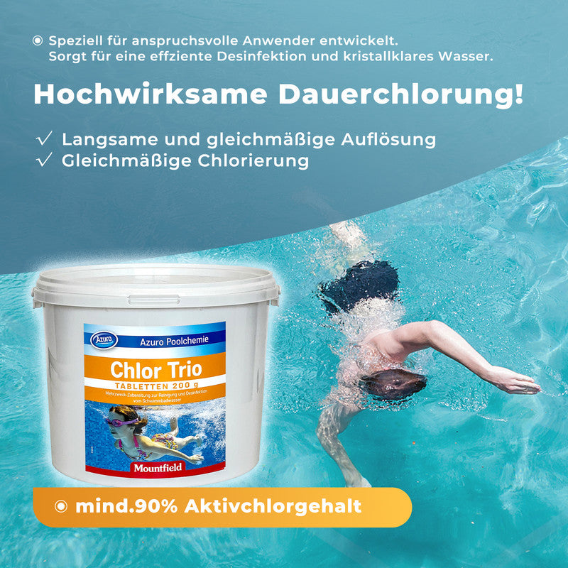 Azuro Chlor Trio Chlortabletten 5 kg – Pool Chlor Tabs 200 g zur Langzeitdesinfektion, Algenkontrolle & Wasserklärung