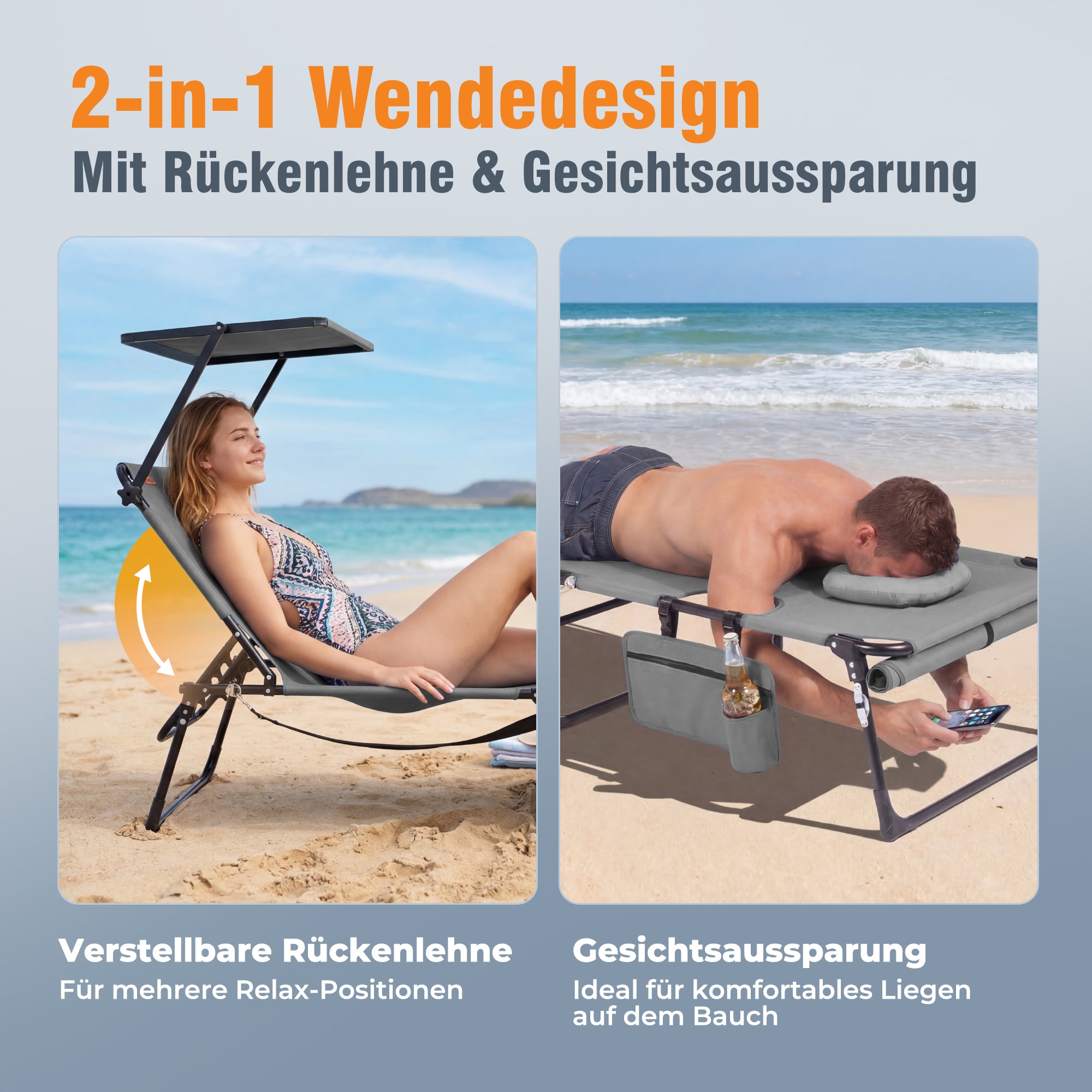 Sonnenliege klappbar mit Gesichtsaussparung – verstellbare Garten- und Campingliege bis 180 kg belastbar, hellgrau