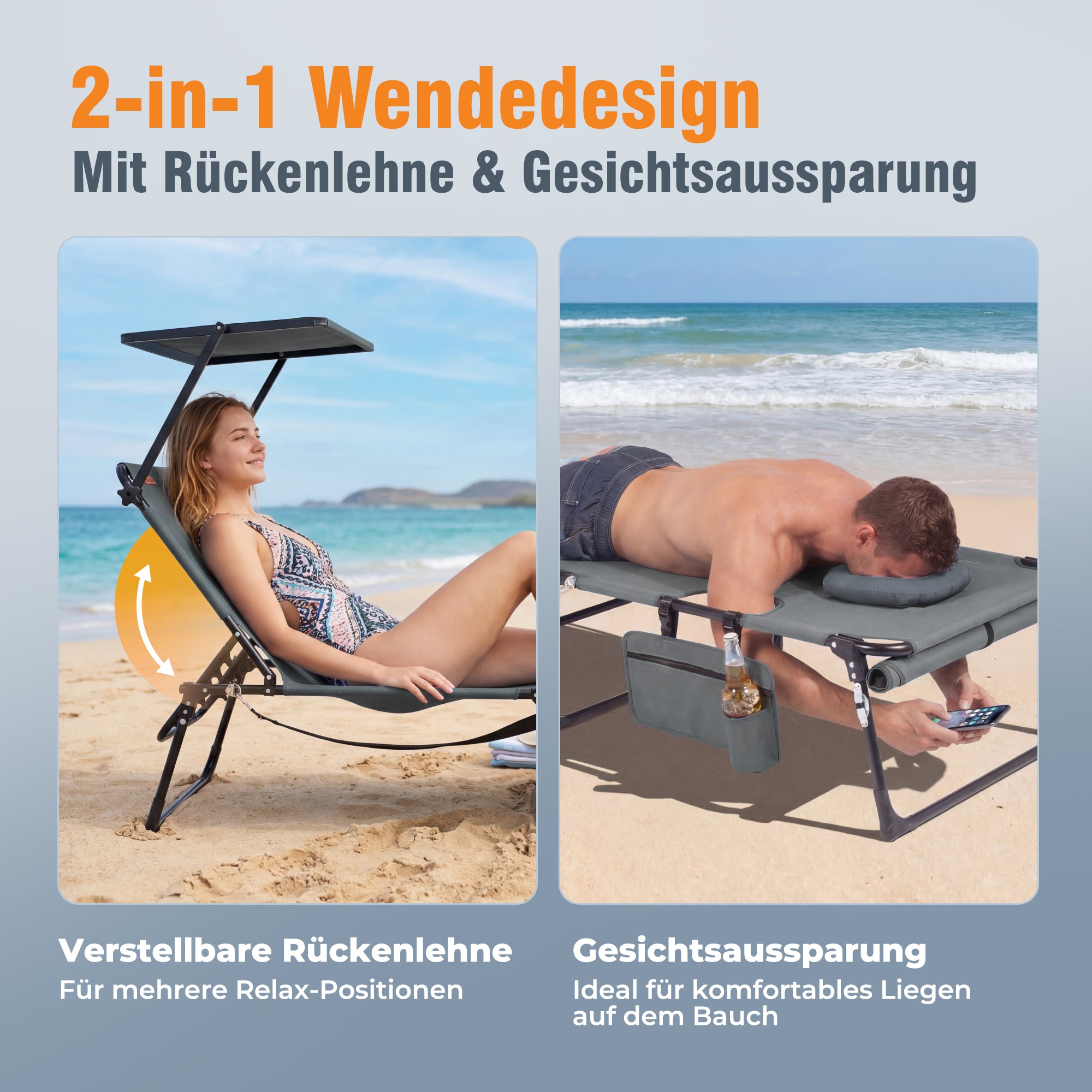 Sonnenliege klappbar mit Gesichtsaussparung – verstellbare Garten- und Campingliege bis 180 kg belastbar, dunkelgrau