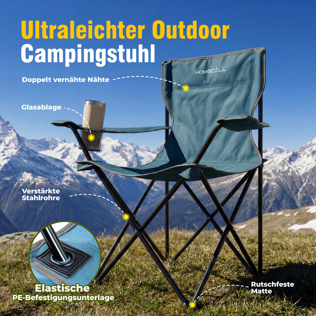 Campingmöbel-Set faltbar – 2 Campingstühle und 1 Campingtisch, leicht und kompakt, mit Getränkehaltern und Seitentaschen, bis 120 kg belastbar, blau