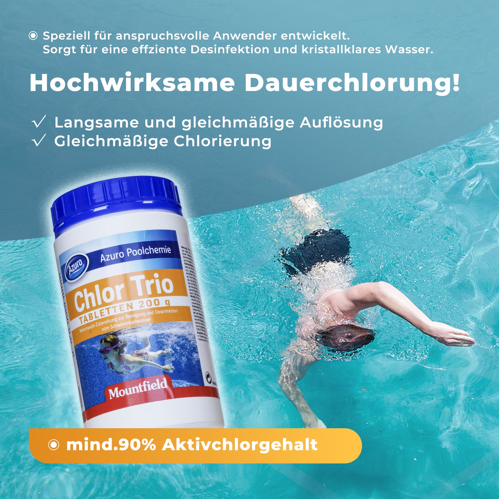 AZURO Chlor Trio 1 kg Chlortabletten – Pool & Whirlpool Langzeit Chlor Tabs, Desinfektion & Algenstopp | Sonderposten B-Ware