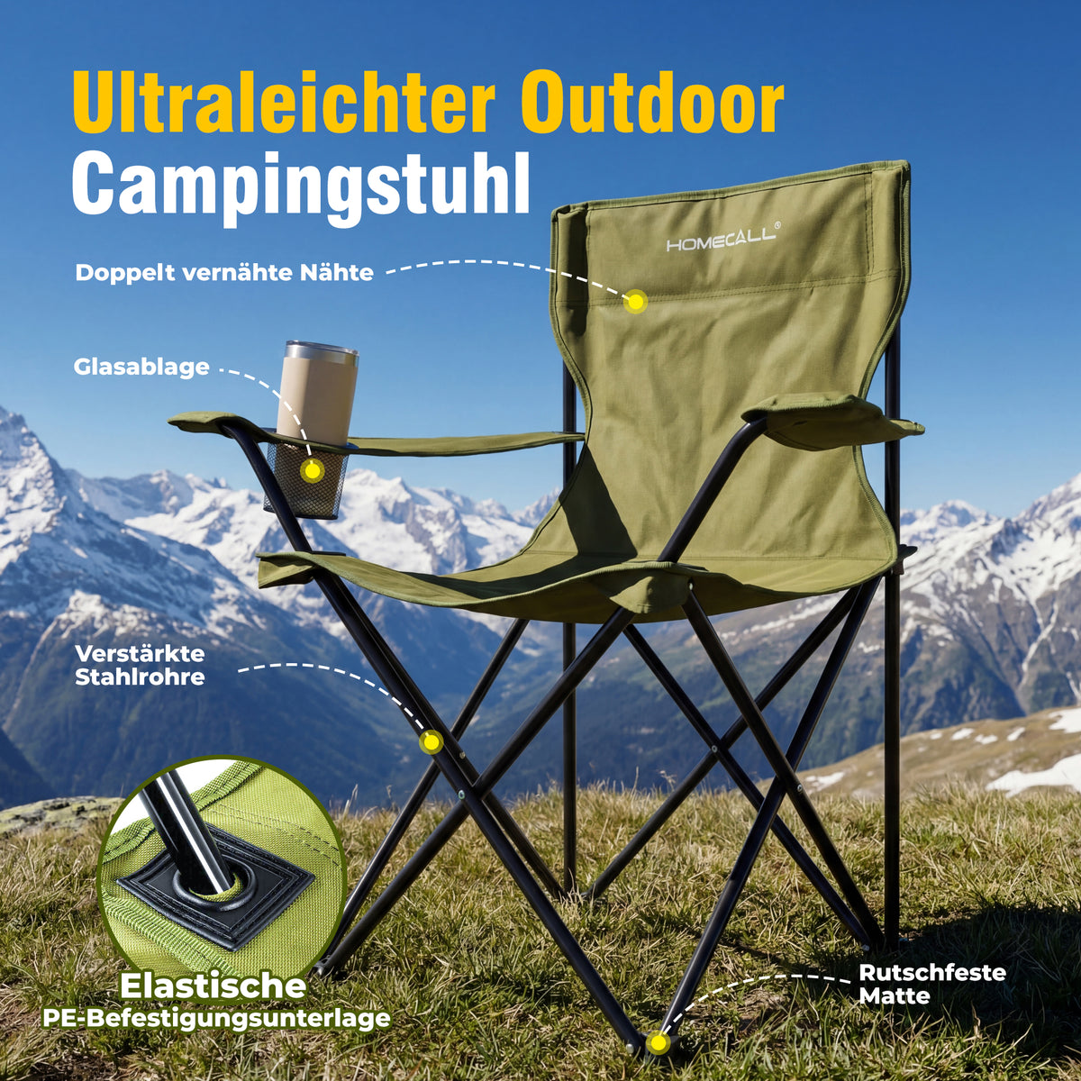 Campingmöbel-Set faltbar 2 klappbare Campingstühle und 1 kompakter Campingtisch, leicht, stabil, bis 120 kg belastbar, grün