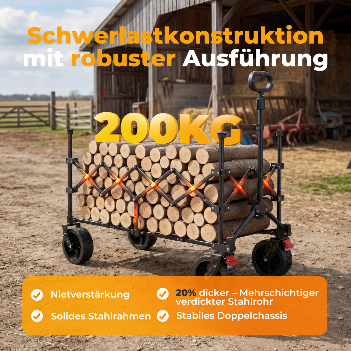 Faltbarer Bollerwagen Handwagen Strandwagen 200L XXL-Volumen mit praktischer Kühltasche, Schwarz