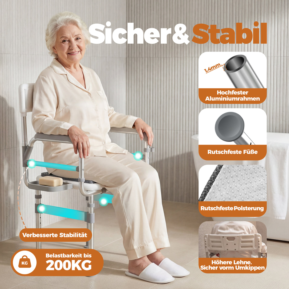Faltbarer Duschstuhl bis 200 kg belastbar  – höhenverstellbarer Duschsitz mit Armlehnen, Rückenlehne, Kissen & Ablage
