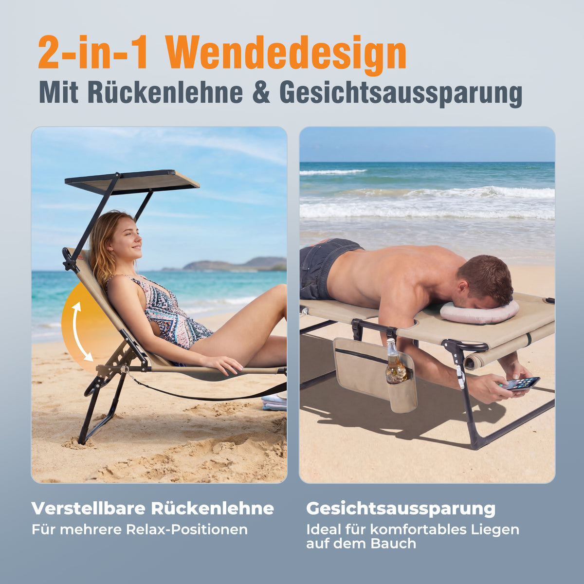 Sonnenliege klappbar mit Gesichtsaussparung – verstellbare Garten- und Campingliege bis 180 kg belastbar, beige