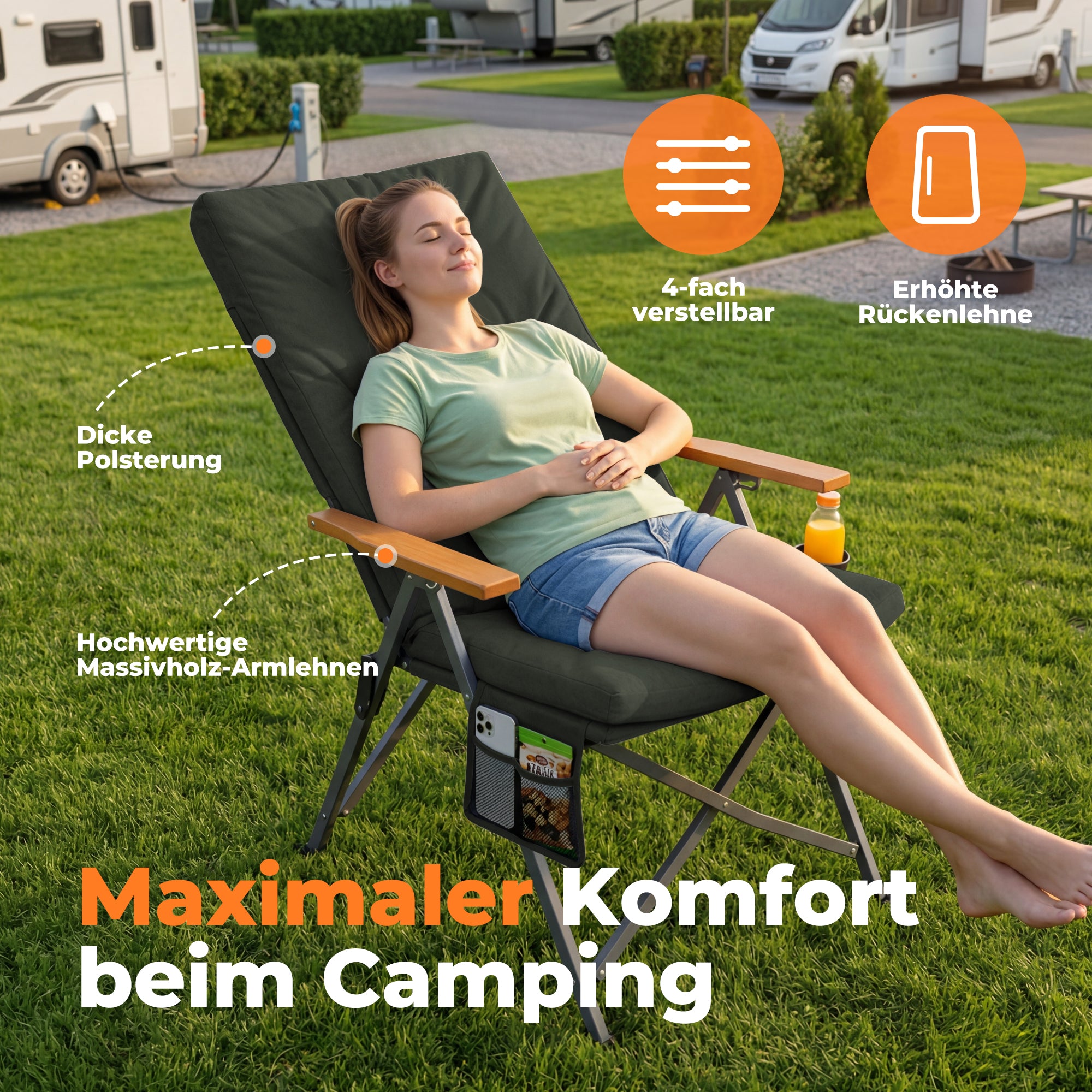 Campingstuhl klappbar mit Holzarmlehnen extra hoch – gepolsterter Outdoor-Klappstuhl, 4-fach verstellbar, bis 150 kg belastbar, Dunkelgrau