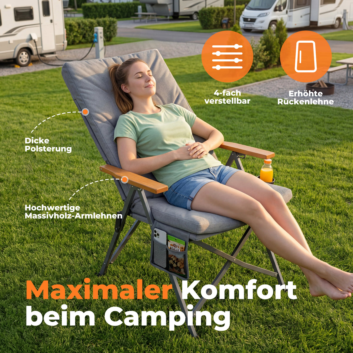 Campingstuhl klappbar mit Holzarmlehnen extra hoch – gepolsterter Outdoor-Klappstuhl, 4-fach verstellbar, bis 150 kg belastbar, Hellgrau