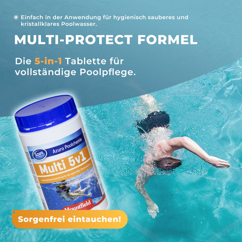 Azuro Multi 5v1 Chlor Multitabs 1 kg – 200 g Pool Chlortabletten zur Dauerdesinfektion, Algenverhütung & Wasserklärung