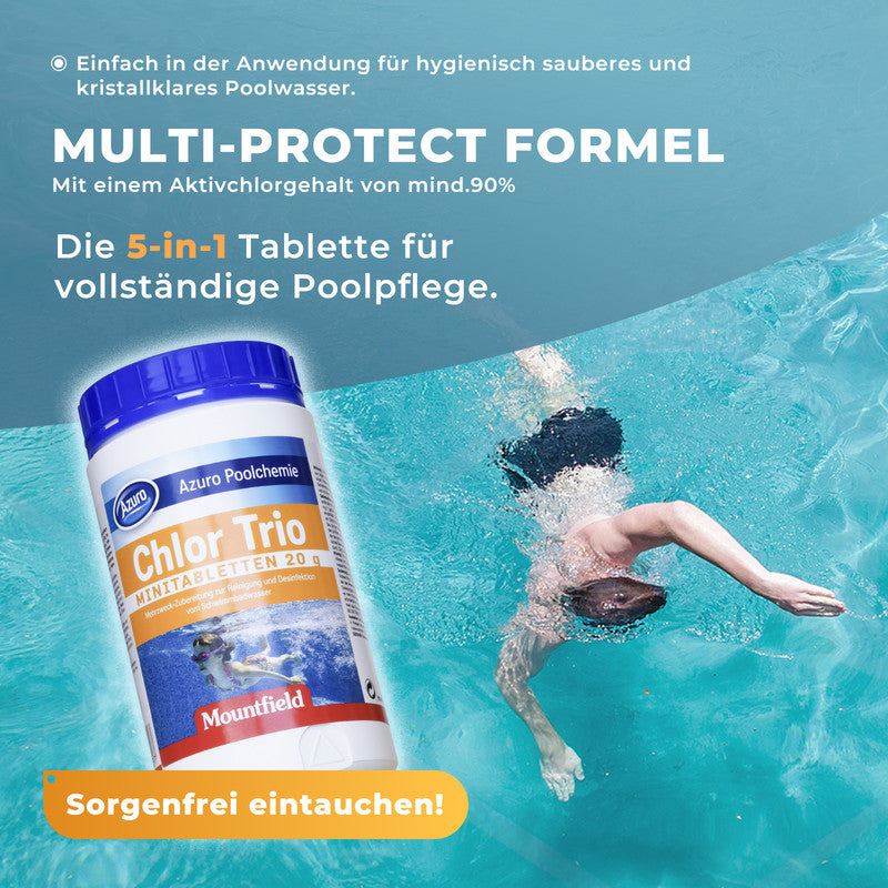Azuro Chlor Trio Mini Chlortabletten 1 kg – 20 g Pooltabletten zur Desinfektion, Algenverhütung & Wasserklärung für kleine Pools & Whirlpools