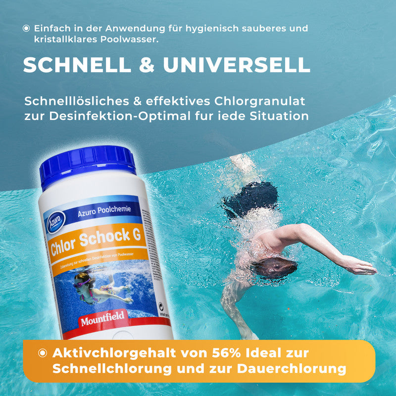 Azuro Chlor Schock G Chlorgranulat 1 kg – Schnelllösliches Poolchlor zur Stoßchlorung gegen Algen, Bakterien & trübes Wasser